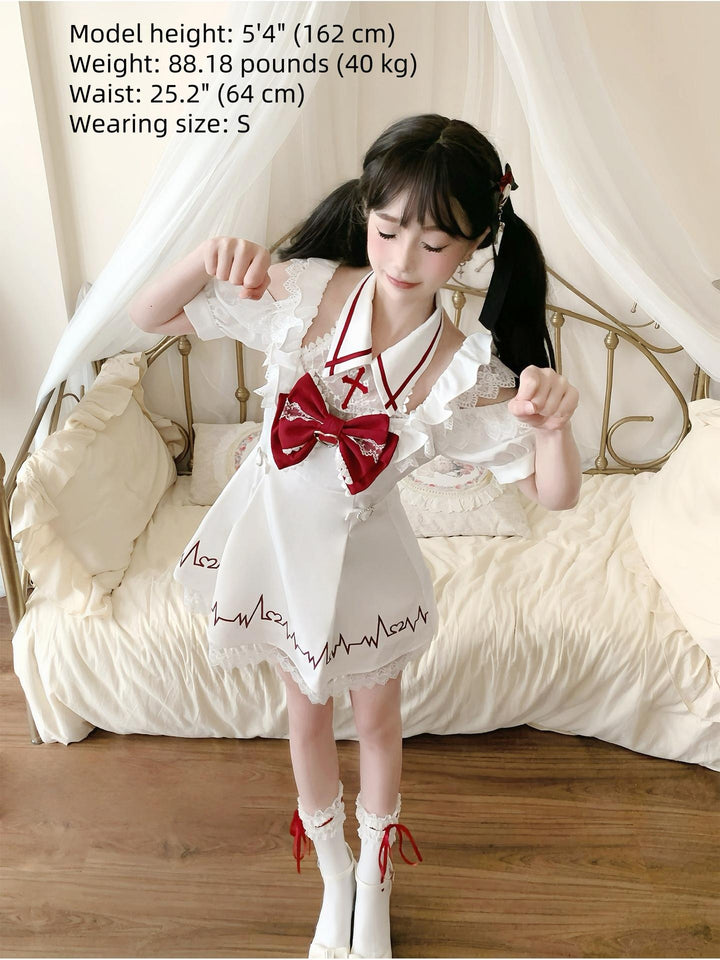 Red and White Yami Kawaii Dress, Lace Halter Neck 43725:783590