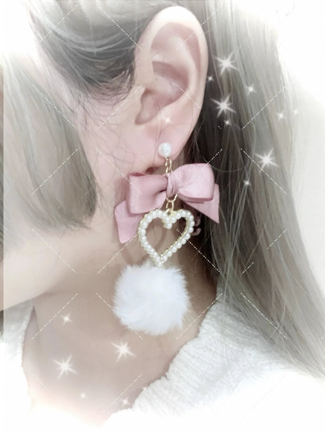Jirai Kei Heart-shaped Earrings, Fluffy Pom-pom & Bow Accents 45694:860101