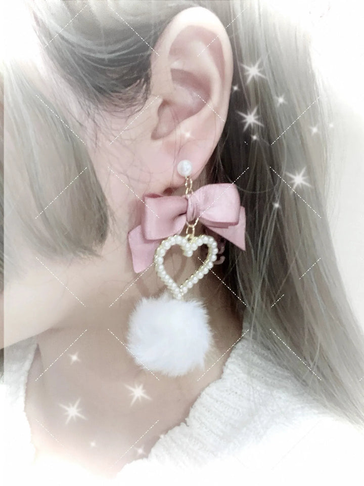 Jirai Kei Heart-shaped Earrings, Fluffy Pom-pom & Bow Accents 45694:860101