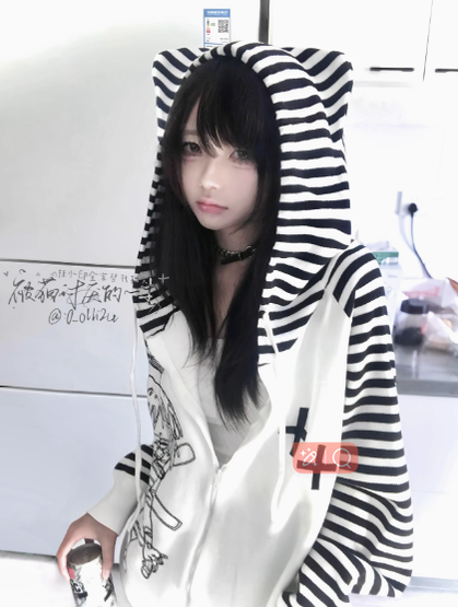 Yami Kawaii Coat Black White Striped Sweater Cat Ear Hoodie 40028:648920