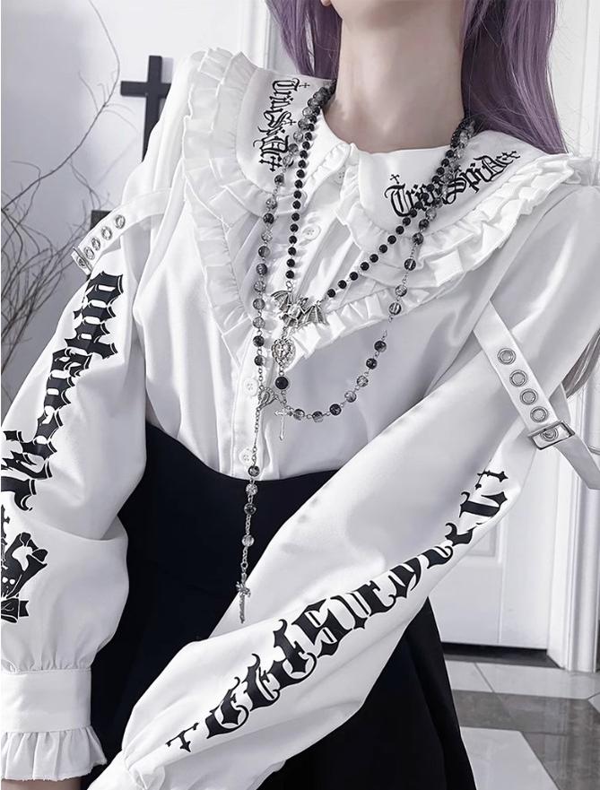 Black/White Jirai Kei Blouse with Skull Print & Peter Pan Collar (L M S) 42861:758982