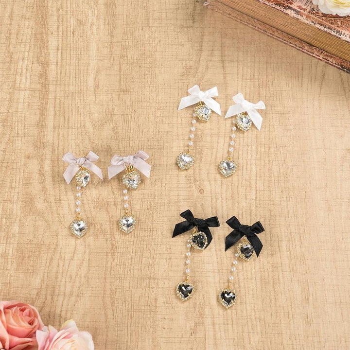 Jirai Kei Earrings Rhinestone Bow Pearl Chain Ear Clip 39658:648254