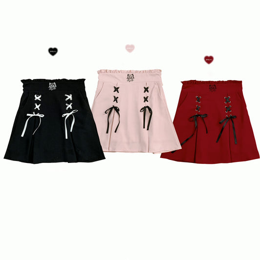 Jirai Kei Pink Red Lace Up High Waist Skirt 21804:318056