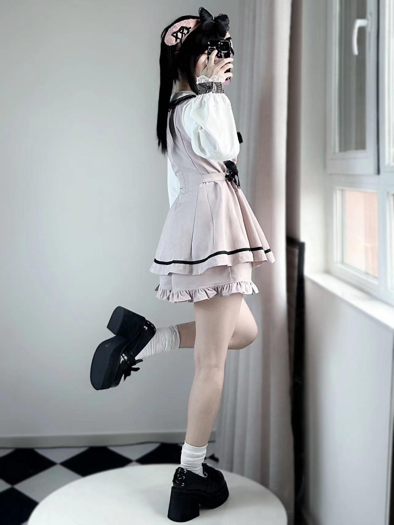 Jirai Kei Dress Set Shirt Collar Lace Dress And Shorts 34378:464214