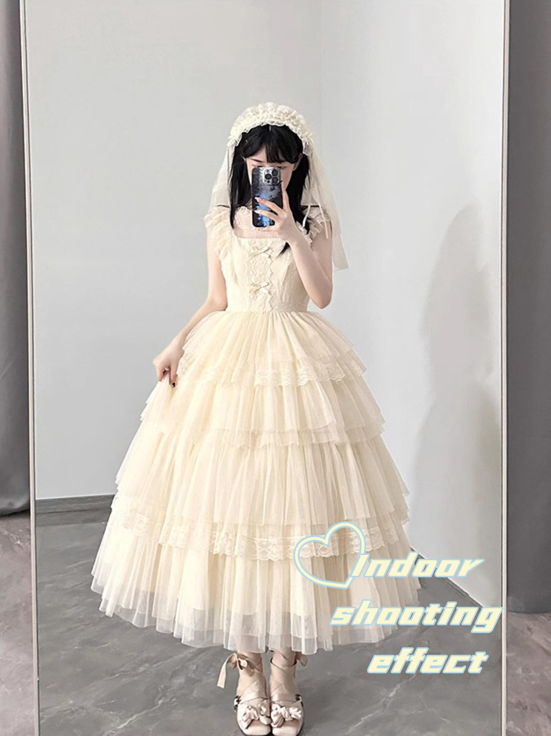 Classic Lolita Dress With Large Flounce Hem And Beige Puff Sleeves Shirt 38068:608796