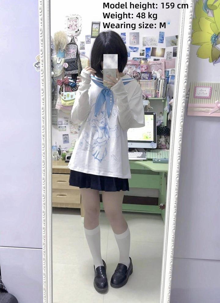 Cotton Tenshi Kaiwai Sailor Collar T-Shirt with Anime Girl Print 43094:765451