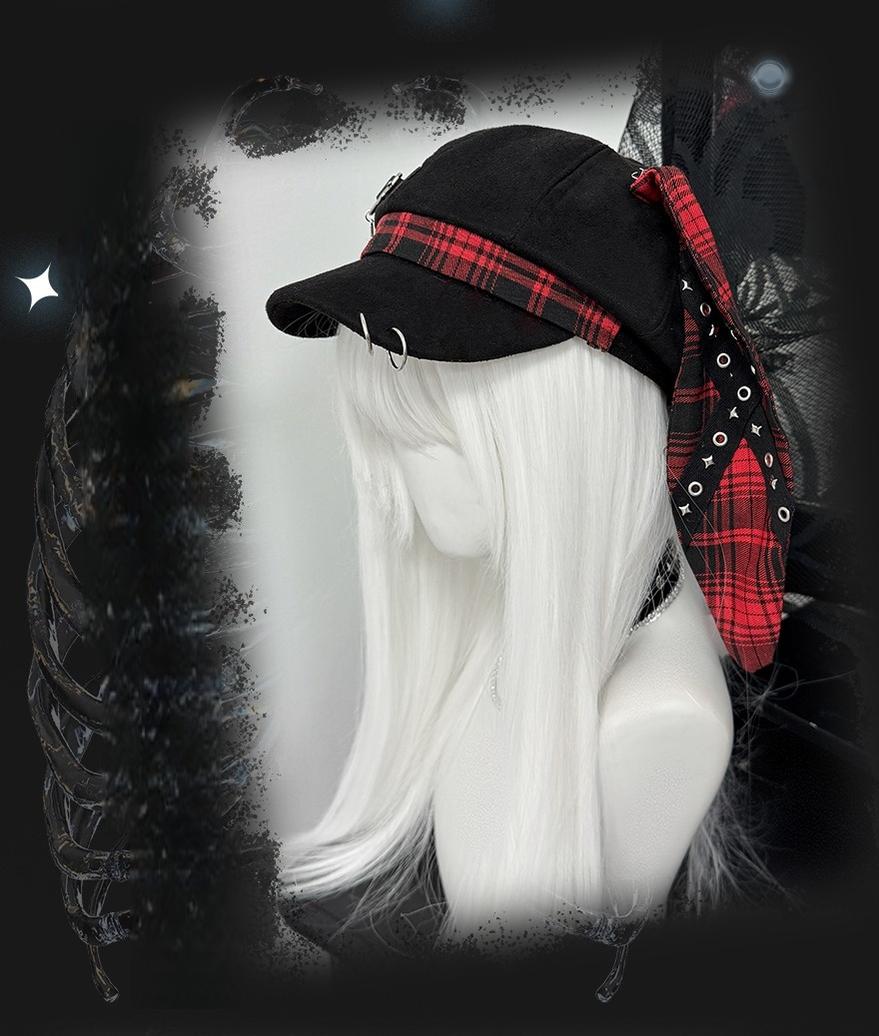 Plaid Punk Beret Hat, Bunny Ears, Safety Pins 43833:786500