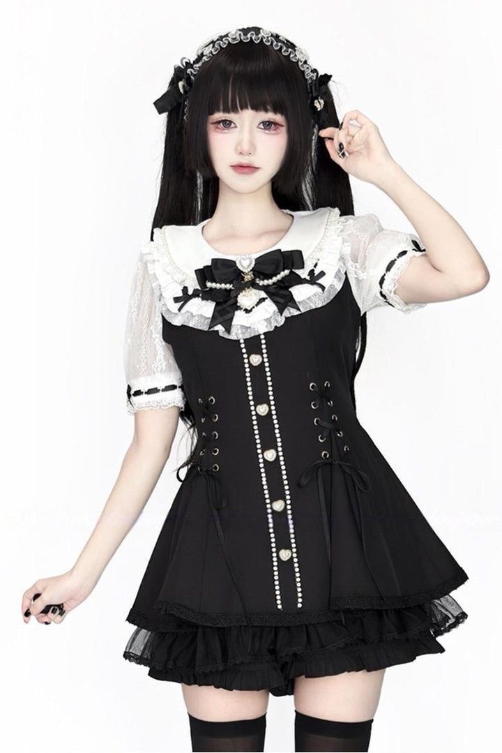 Jirai Kei Lace-Sleeved Dress, Elastic Shorts 44759:825636