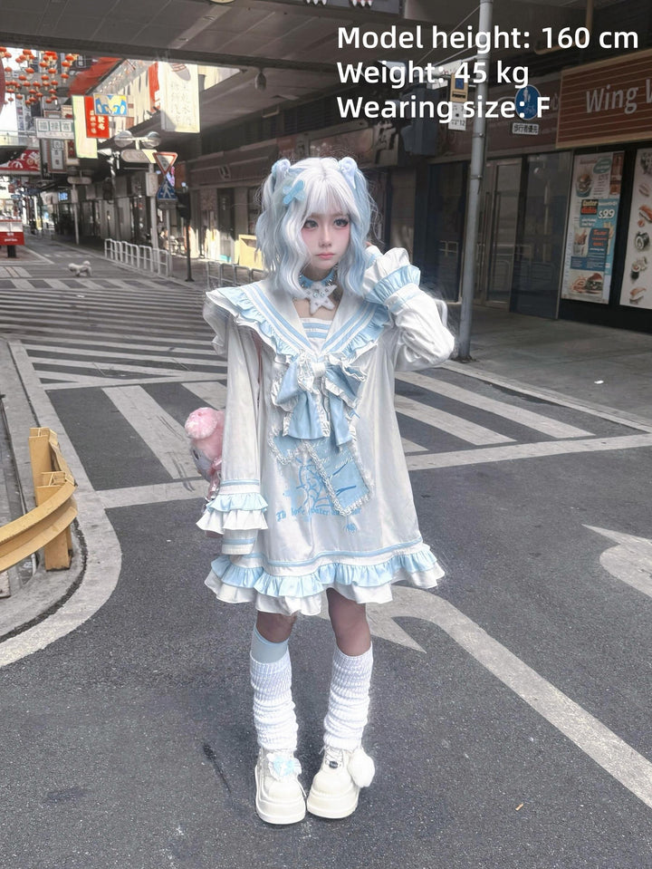 Yami Kawaii Blue White Dress with Sailor Collar & Cross Spiderweb Print 42855:758671