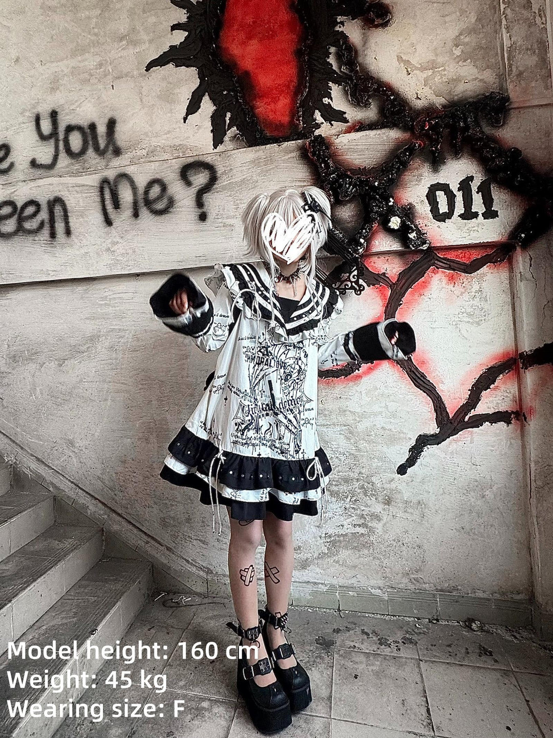 Yami Kawaii Sailor Collar Dress with Grommet Belt & Skull Prints 42856:758672