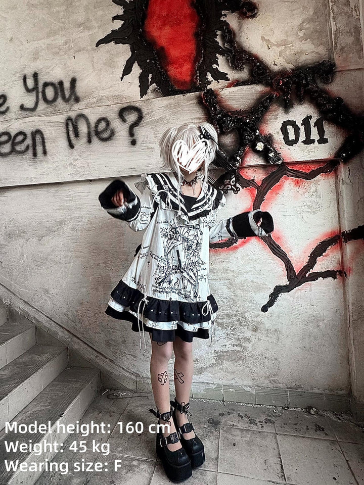 Yami Kawaii Sailor Collar Dress with Grommet Belt & Skull Prints 42856:758672