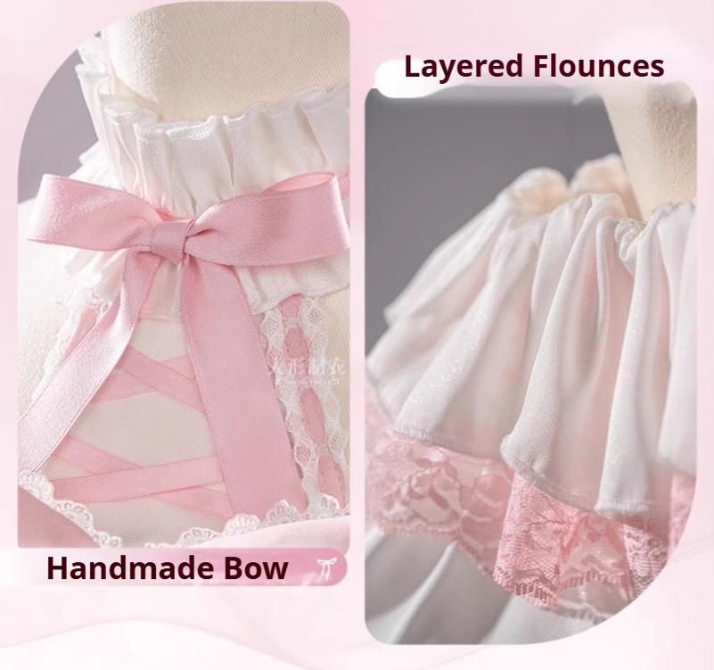 Cosplay Jirai Kei Pink Skirt Set with Off-Shoulder Blouse 42646:750732