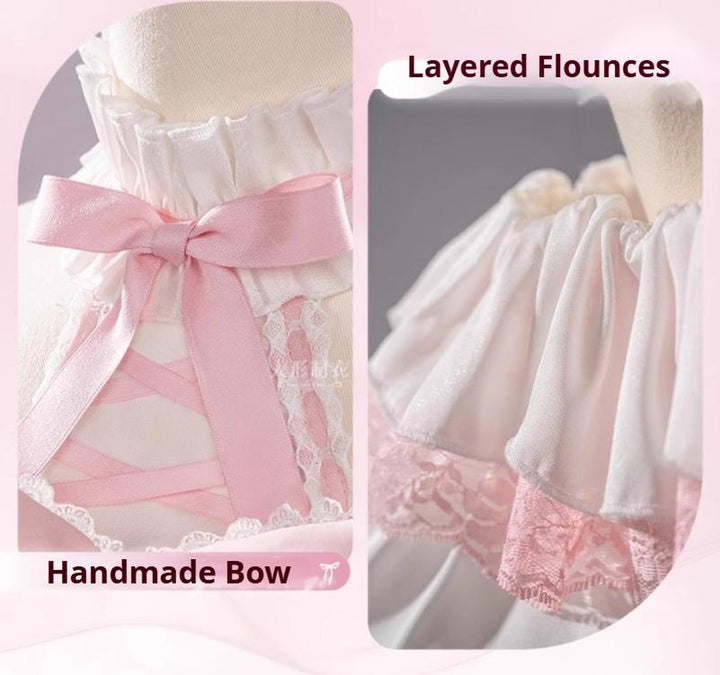 Cosplay Jirai Kei Pink Skirt Set with Off-Shoulder Blouse 42646:750732