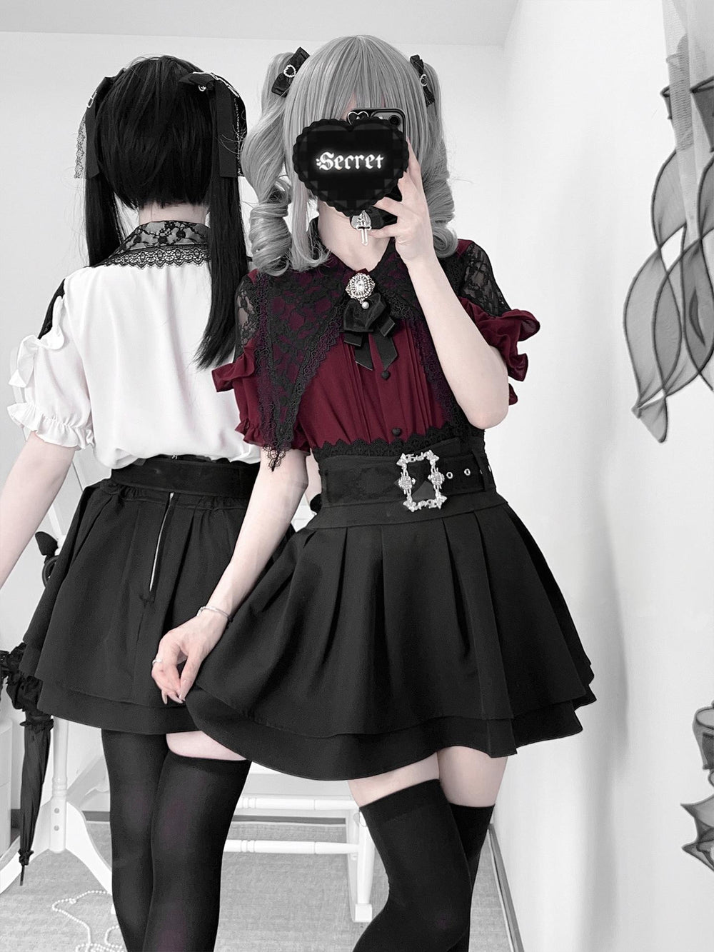 Jirai Kei Lace Capelet Blouse, High Waist Skirt Set 45651:857076