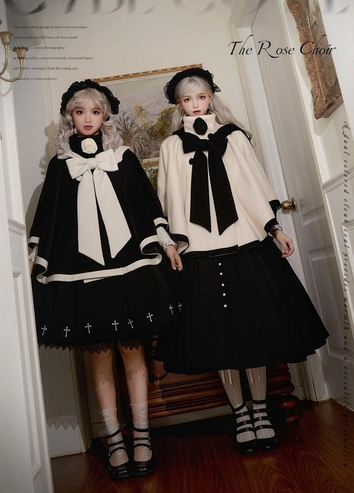 Elegant Lolita Winter Coat Black and White Camellia Cape 40284:658394