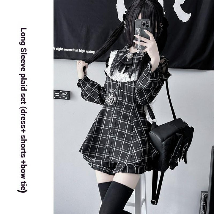 Jirai Kei Dress Set Black Plaid Dress With Puritan Collar 39506:635896