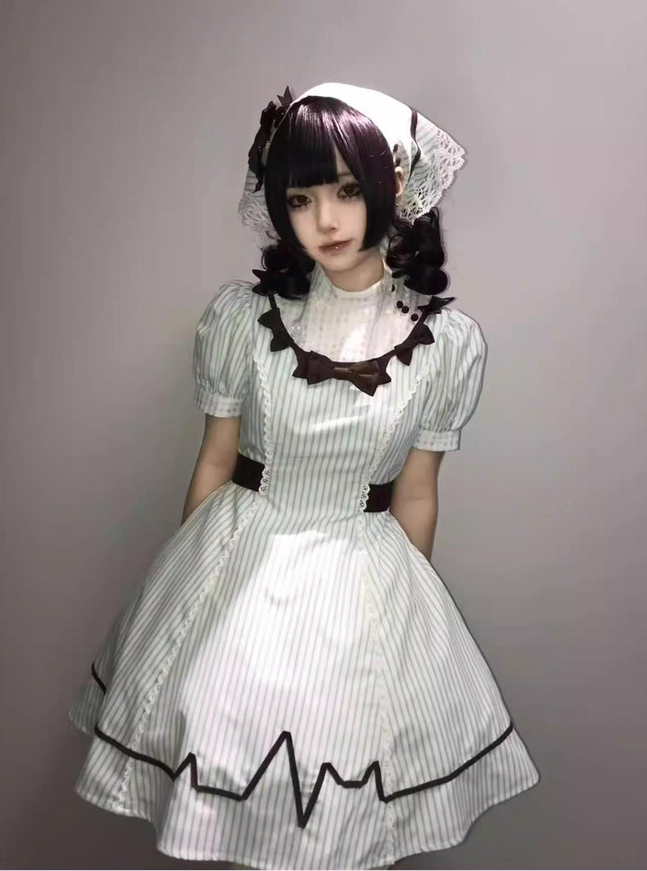 Old School Lolita Striped Dress, Cross Apron 45136:836828