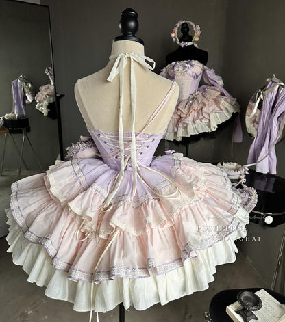 Lolita Dress Set Sweet Violet Pink Puffy Dress Corset Dress 36388:554884