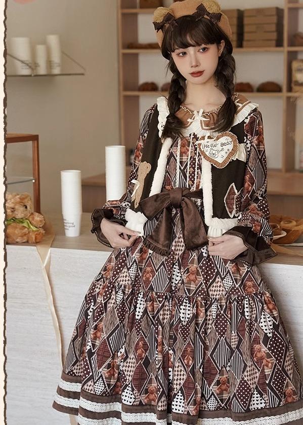 Lolita Dress Bear Embroidered Long Sleeve Dress And Vest 32068:382274 32068:382274