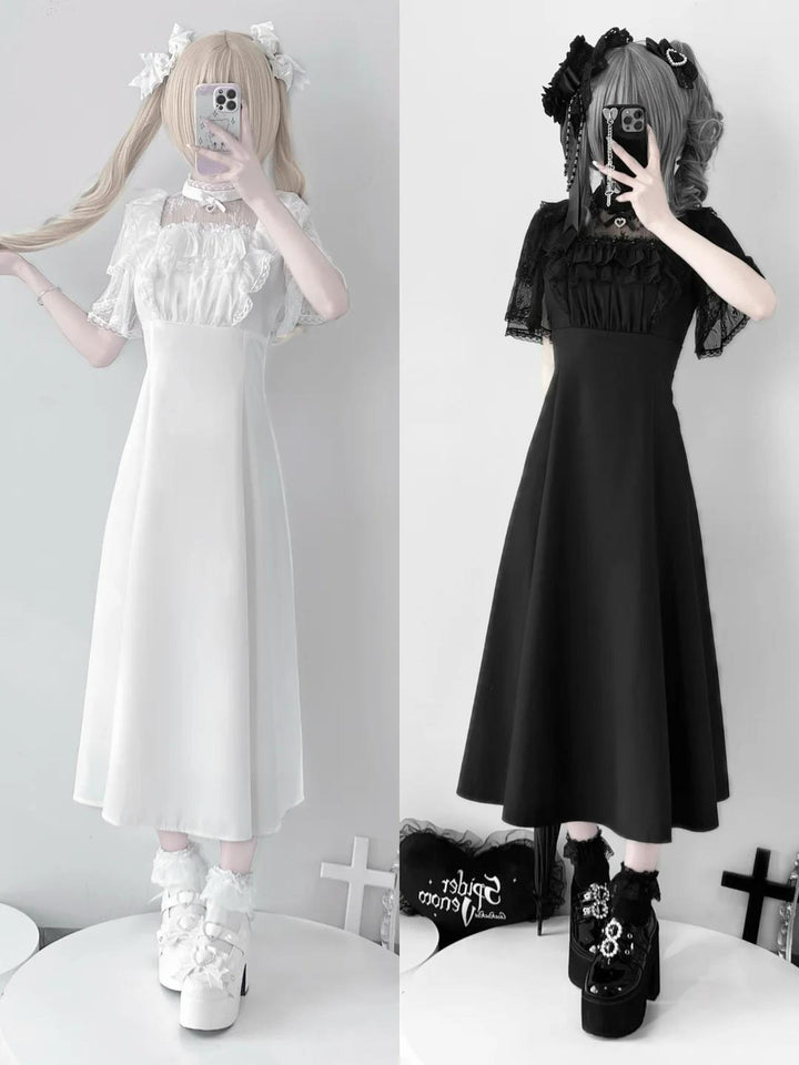 Jirai Kei Dress Black White Slim-fit Long Dress Layered Lace 42246:736362