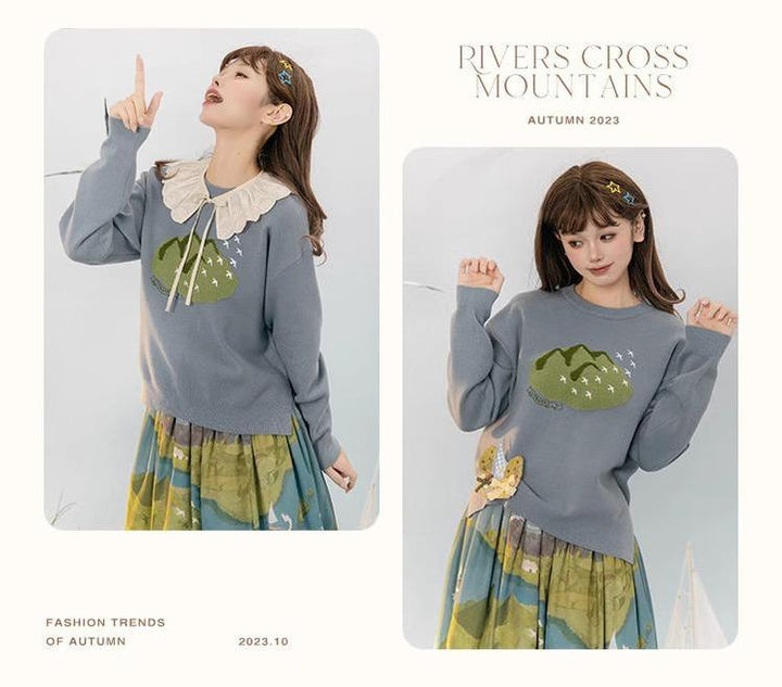 Lolita Dress Rivers Cross Mountains Print Lolita Dress Set 39412:627142