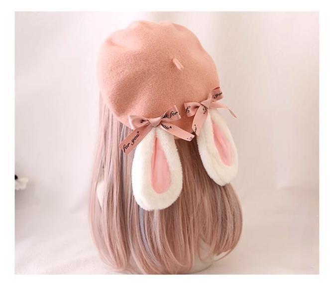 Jirai Kei Pink Hat Plush Rabbit Ear Bow Wool Beret 33804:447136 33804:447136