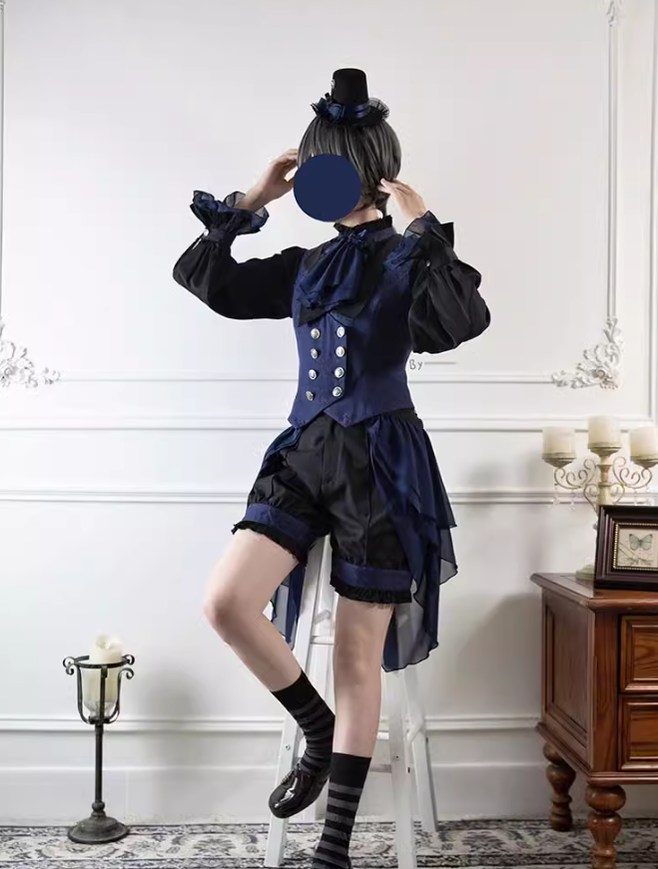 Ouji Lolita Prince Outfit Navy Blue Lolita Blouse Skirt Set 39360:633282