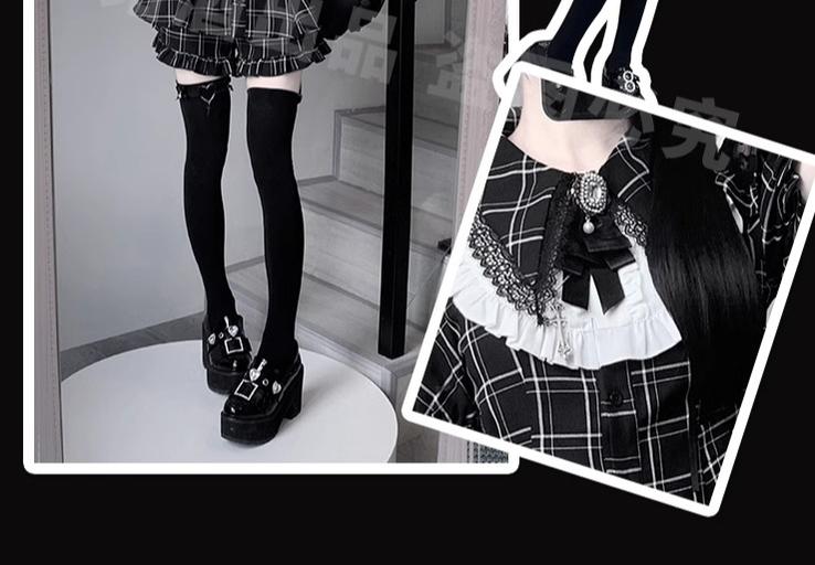 Jirai Kei Dress Set Black Plaid Dress With Puritan Collar 39506:635892