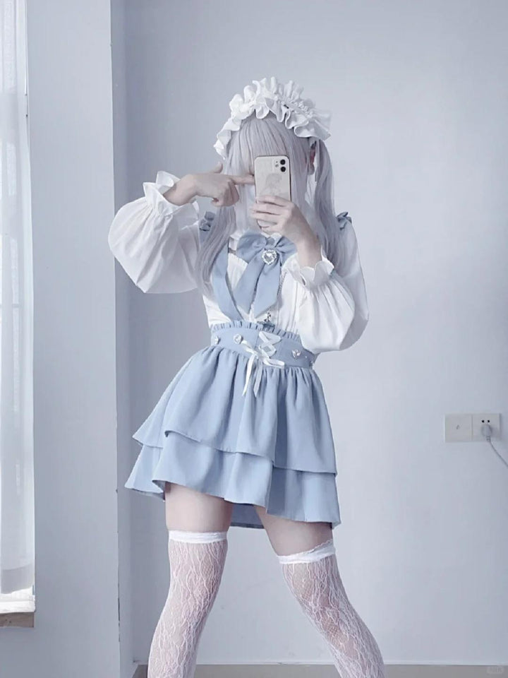 Jirai Kei White Blouse Lace-up Suspender Skirt 21838:760784