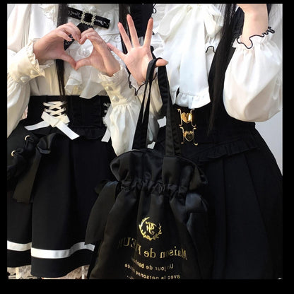 Jirai Kei White Black Blouse Ruffle Long Sleeve Shirt 31864:371826