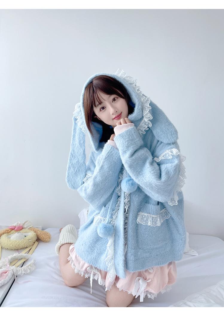 Kawaii Coat Sweater Bunny Ear Lace Knitted Hooded Cardigan 40338:665492