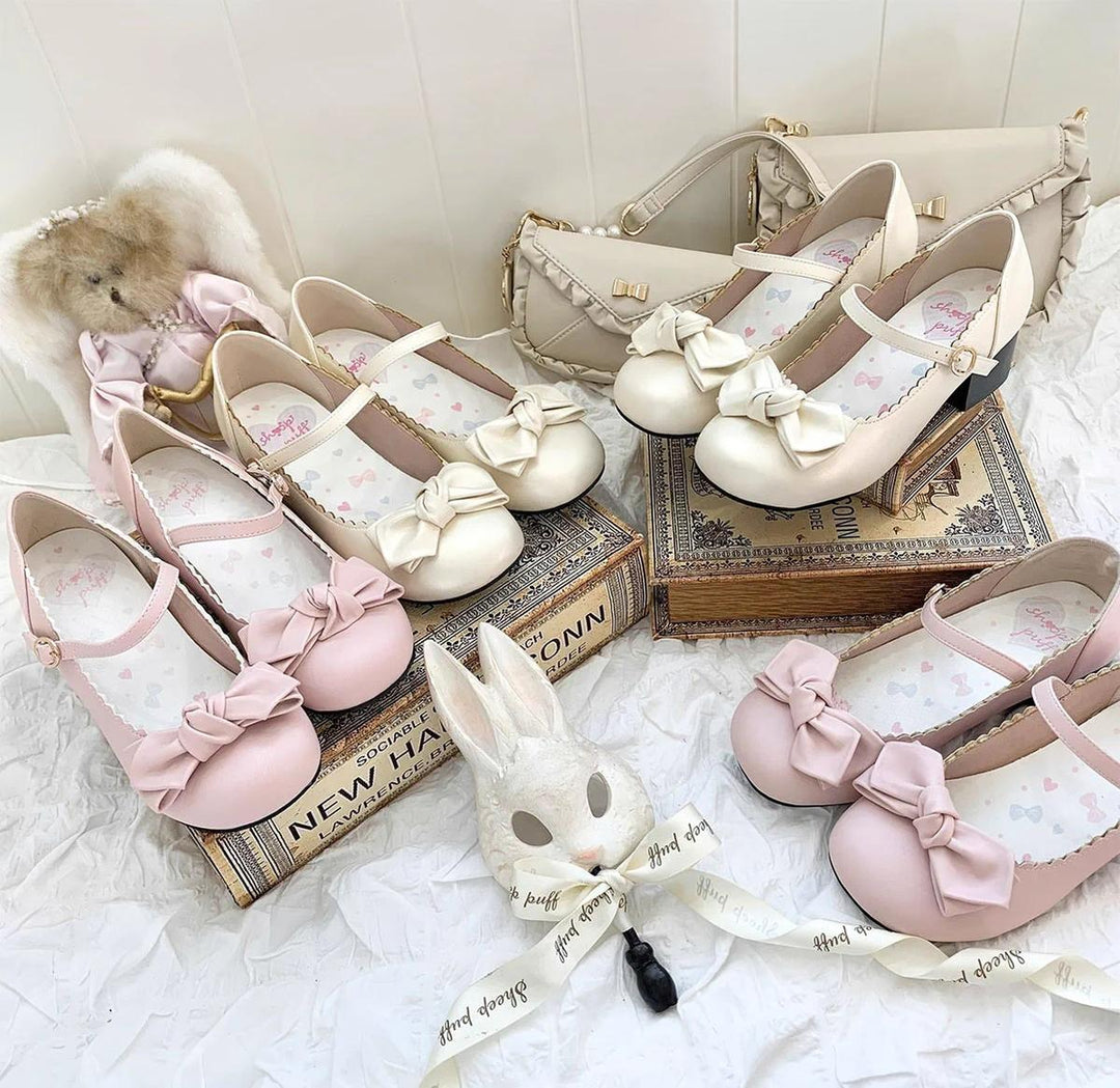 Lolita Shoes Round Toe Pink Shoe Butterfly Bow Beige Shoes 37596:602426