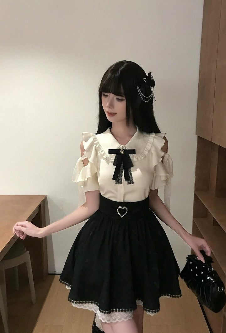 Seiso Kei Ruffled Shoulder Blouse, Butterfly Pattern Skirt 45622:858770