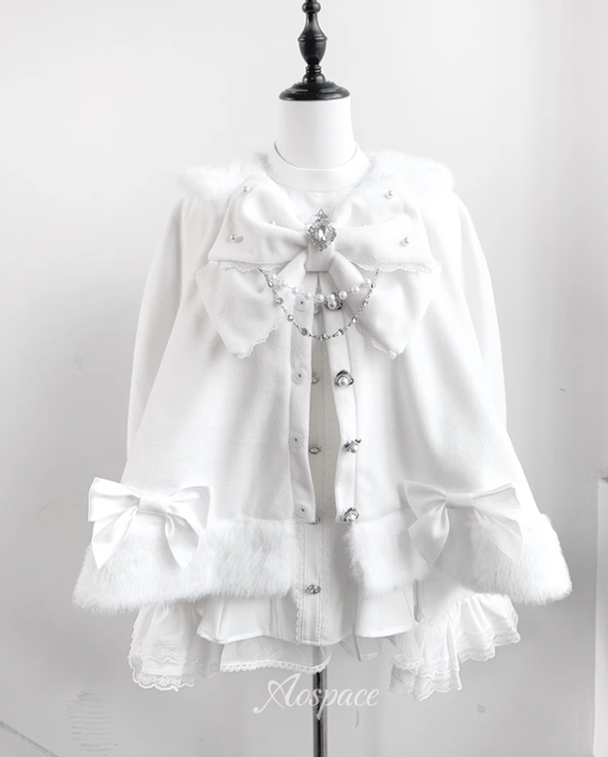 Jirai Kei Cape Plush Coat With Rhinestone Bow Knot (White) 42149:731014