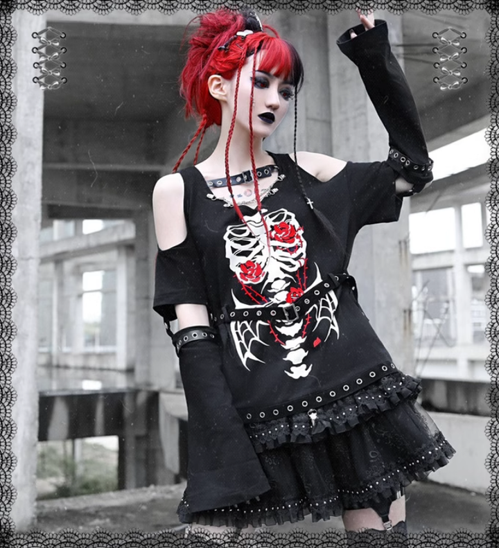 Gothic Skull Embroidered T-Shirt Detachable Sleeves and Leather Buckle 35726:502764