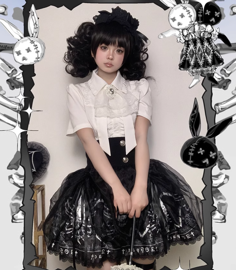 Black Lolita Skirt High-Waisted Print Skirt With Lace Trim 37562:563894