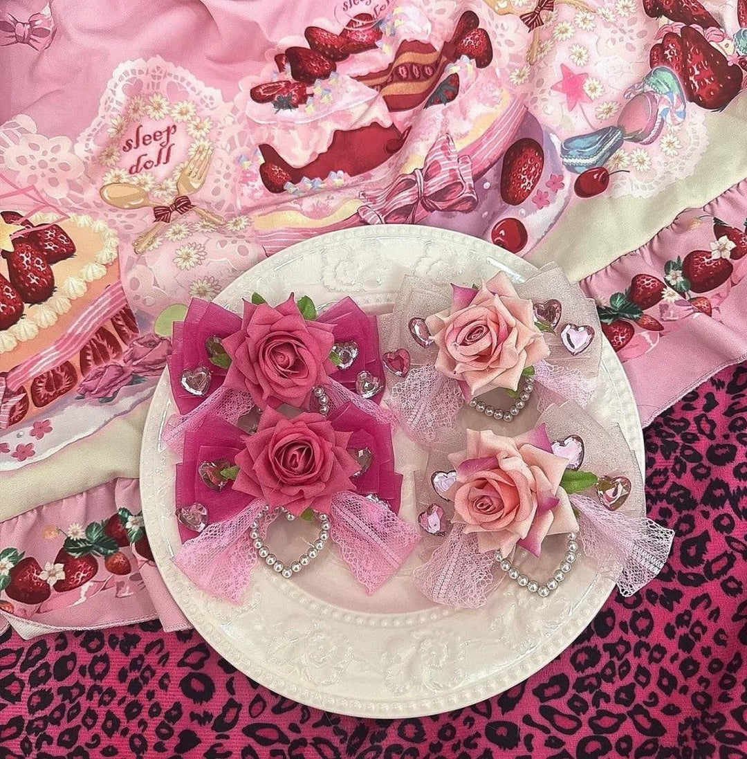 Hime Gyaru Rose Hair Clip, Heart Shaped Faux Pearl 45562:853307