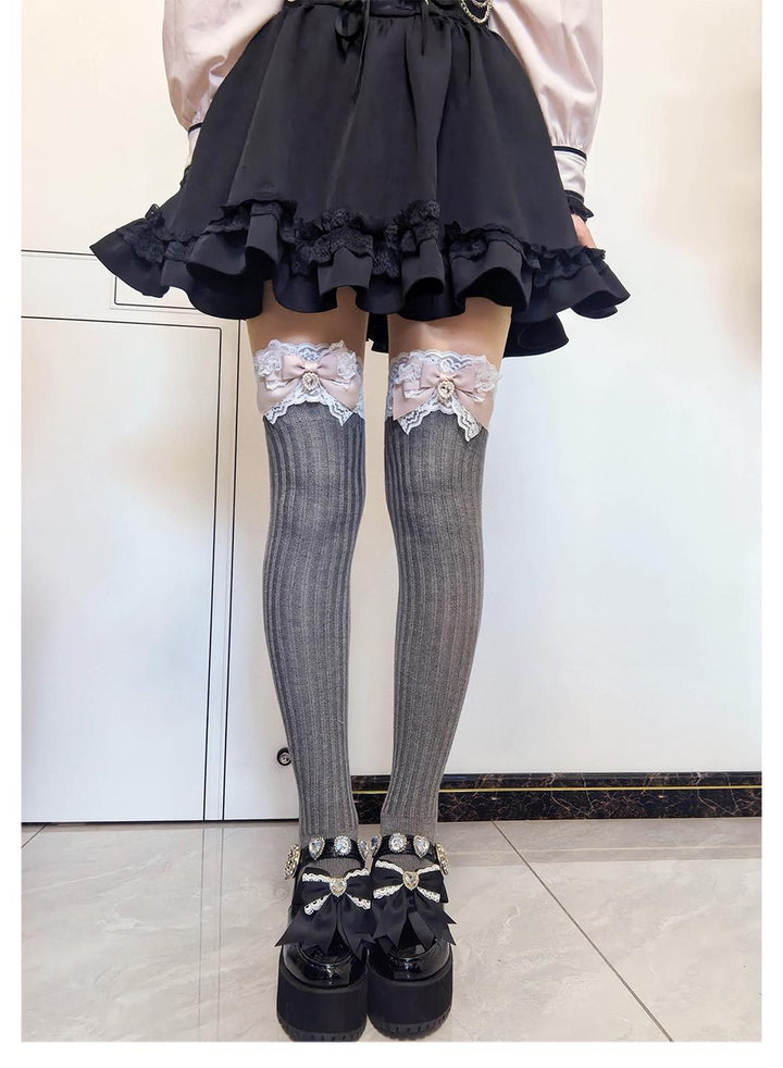 Jirai Kei Over-the-Knee Knit Socks, Bow & Lace 46069:875533