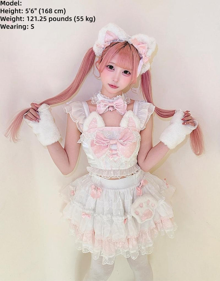 Kawaii Lolita Tiered Skirt Set, Cat Ears & Polka Dot Bow 44958:837183