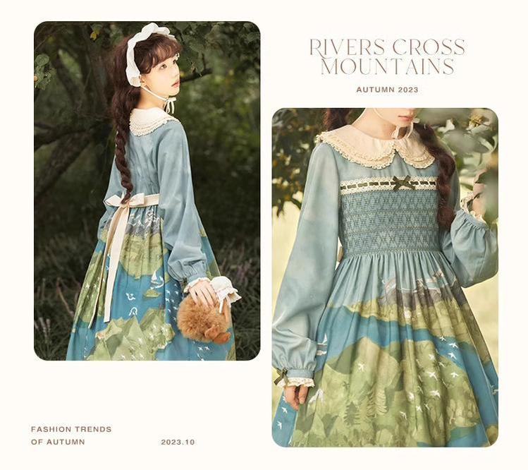 Lolita Dress Rivers Cross Mountains Print Lolita Dress Set 39412:627172