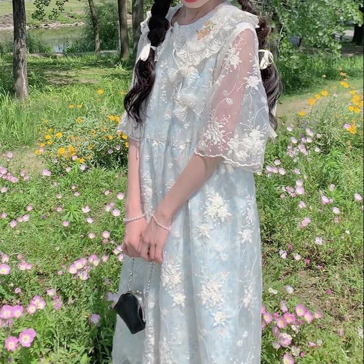 Kawaii Mori Kei Dress Blue Floral Sweet Dress 36206:523596