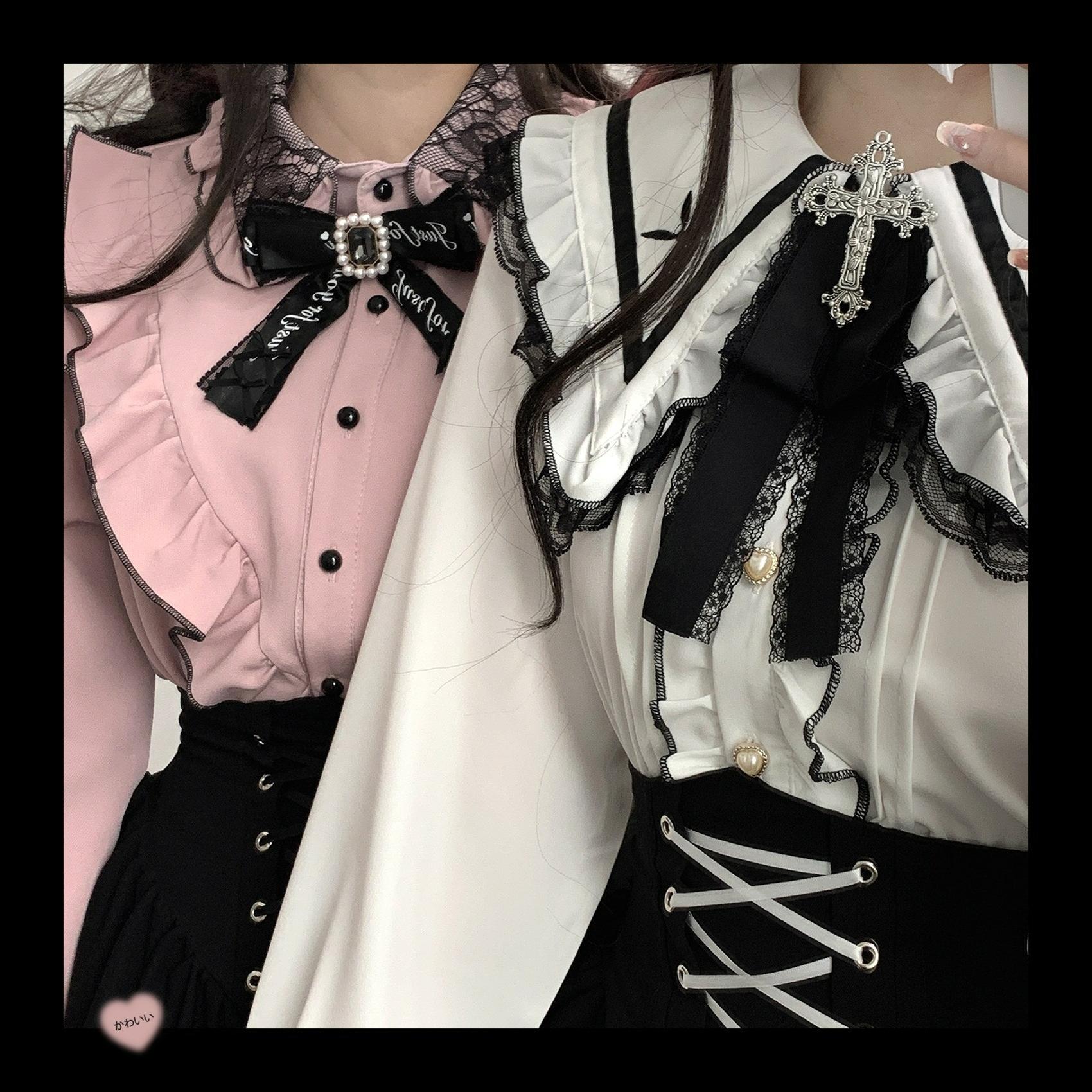 Jirai Kei Blouse Sailor Collar Shirt Cross Lace Long Sleeve