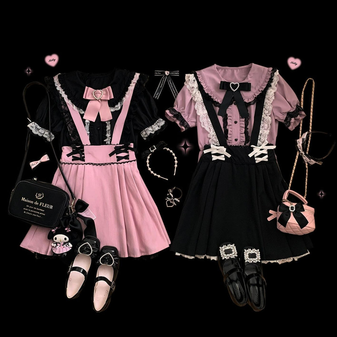 Jirai Kei Shirt Sweet Lace Blouse Short Sleeve Peter Pan Collar 35260:540234 35260:540234