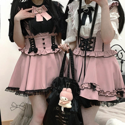 Jirai Kei Suspender Skirt Ruffled Lace Strap Salopette 35372:544192