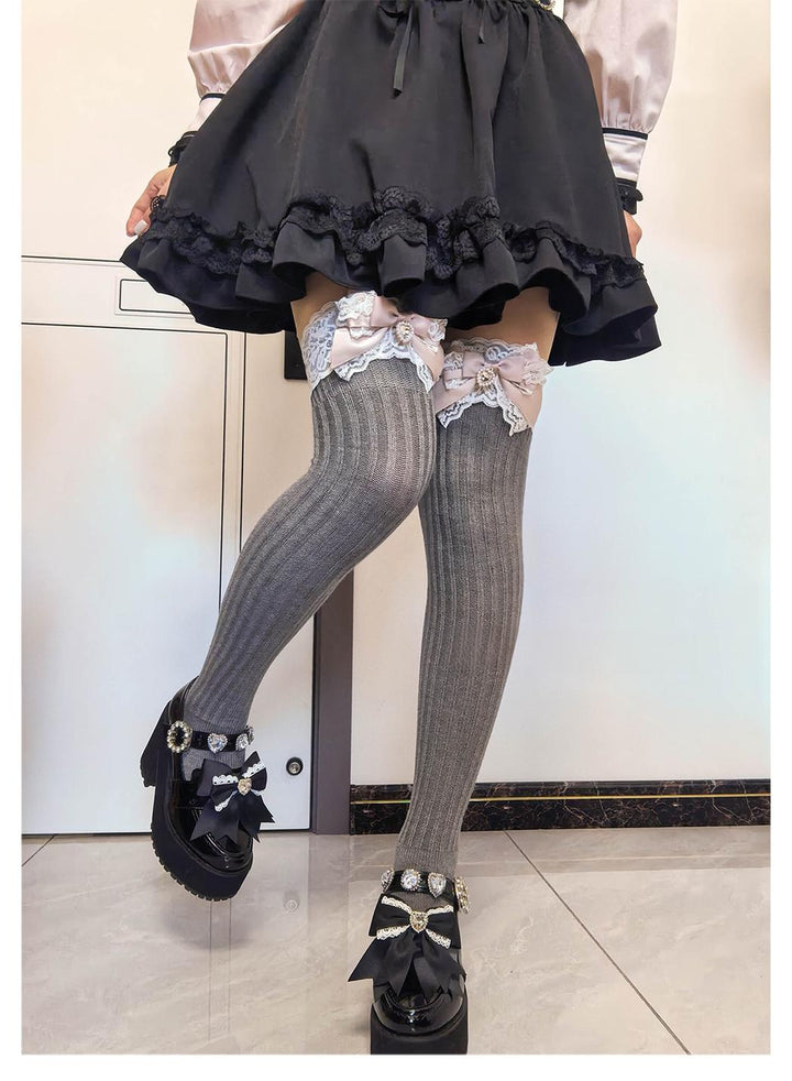 Jirai Kei Over-the-Knee Knit Socks, Bow & Lace 46069:875520