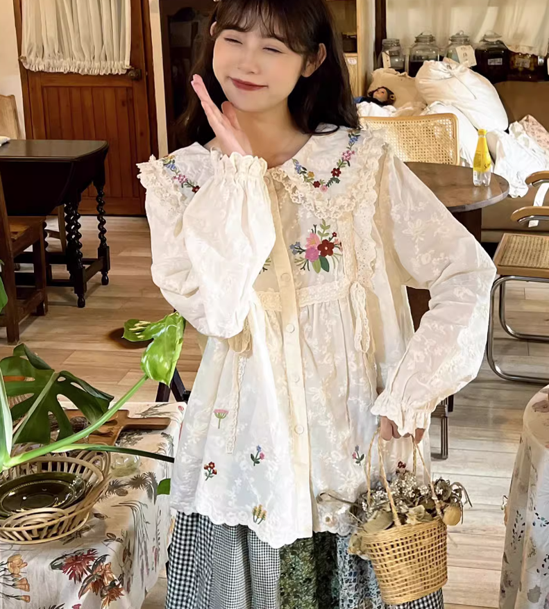Mori Kei Skirt Green Floral Patchwork Skirt Vintage Skirt 36224:524930