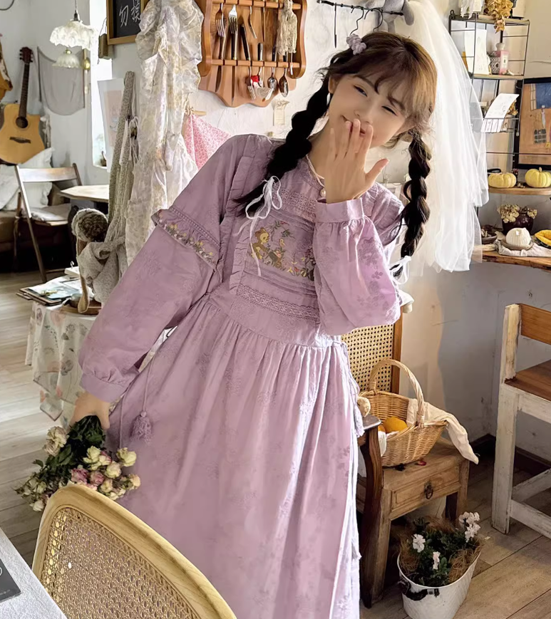 Mori Kei Dress Cottagecore Dress Purple Embroidered Dress 36248:534806