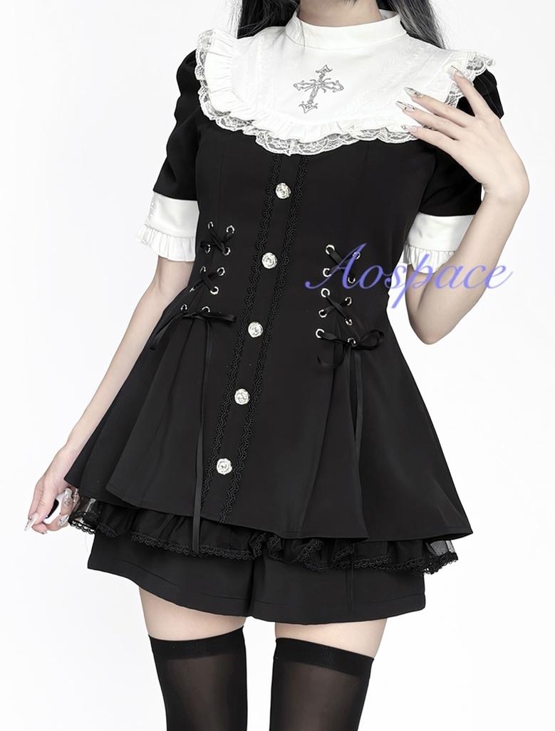 Short-sleeved Ryousangata Dress, Detachable Bowtie 43823:786793