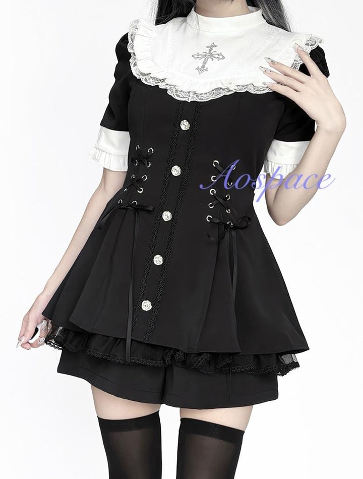 Short-sleeved Ryousangata Dress, Detachable Bowtie 43823:786793