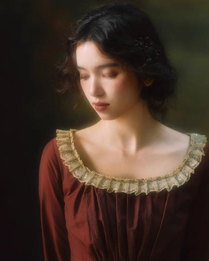 Mori Kei Dress Classical Oil Painting Dress Rust Red Dress 36348:544704